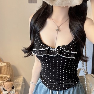 6991 甜美少女带胸垫外穿美背 法式 芭蕾风荷叶边波点吊带背心夏季