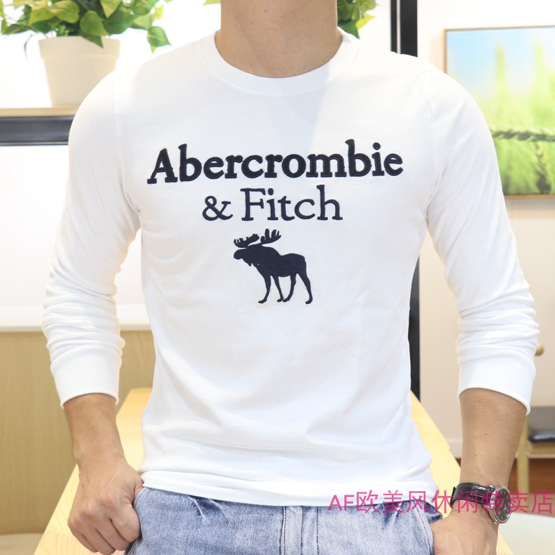 特价AF长袖T恤男秋冬美国Abercrombie修身图案纯棉圆领休闲打底衫