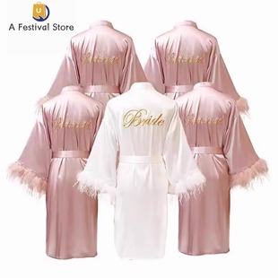 Satin Feather Patchwork Bride Bridesmaid Robe Sexy Bathrobe