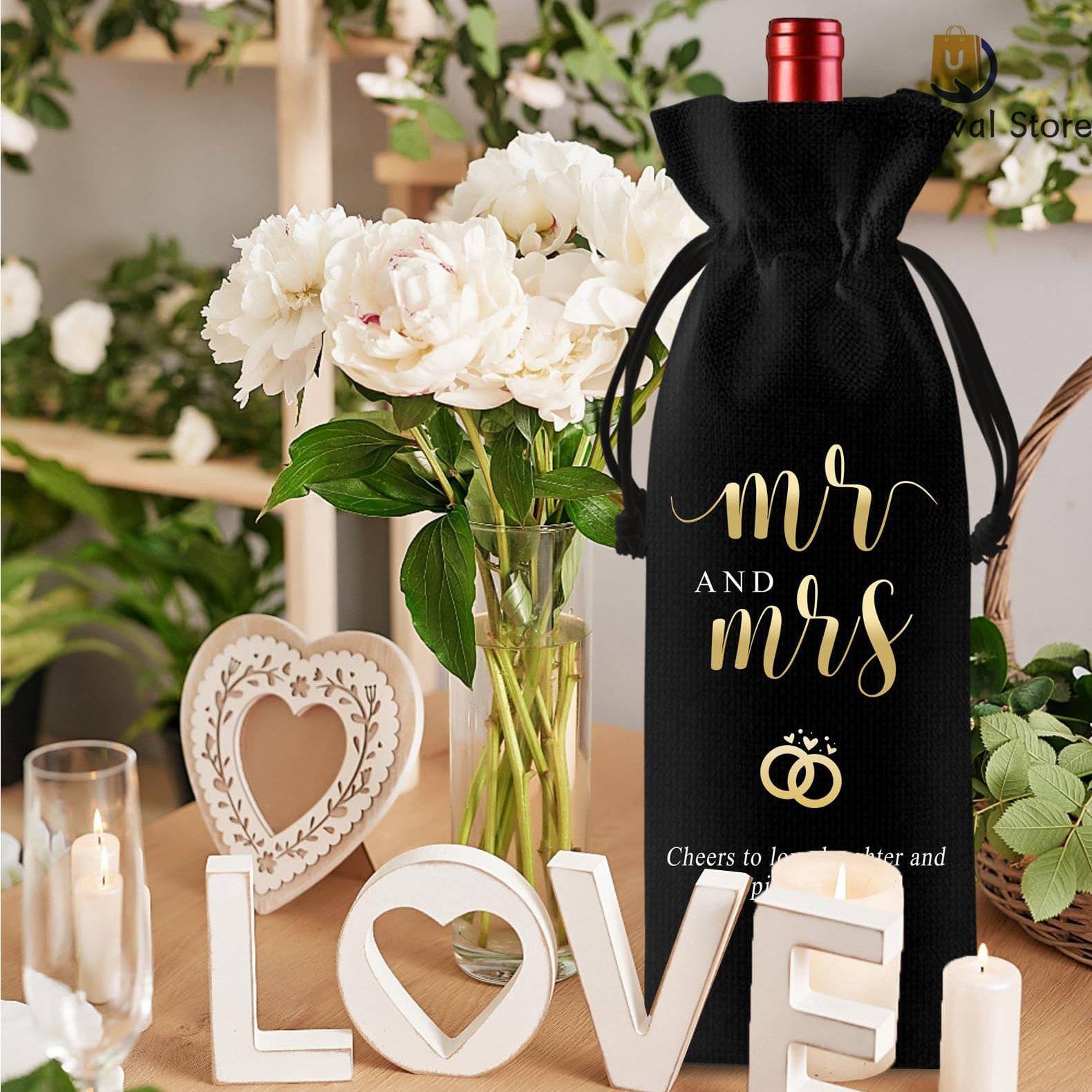 Mr&Mrs红酒束口袋婚礼派对酒瓶套