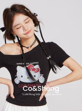 重生小个子黑色闪粉斜肩短袖T恤女夏季可爱HelloKitty印花上衣
