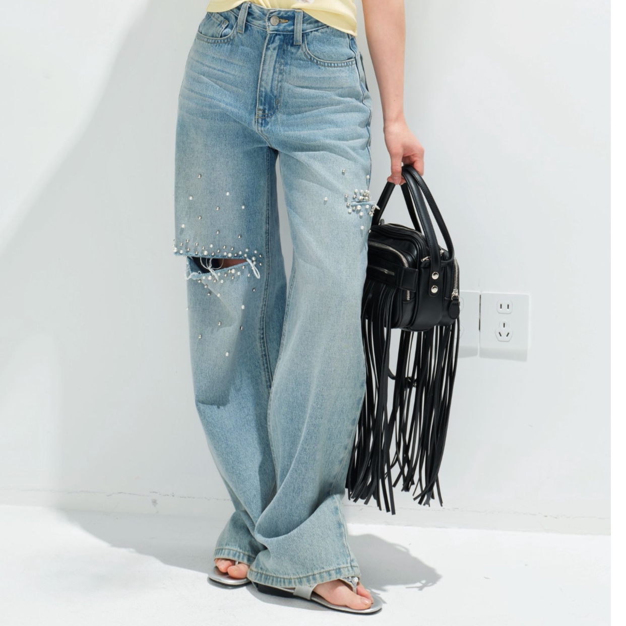 星辰/COSHENG小个子春季破洞珍珠直筒牛仔裤高腰复古时尚感显高