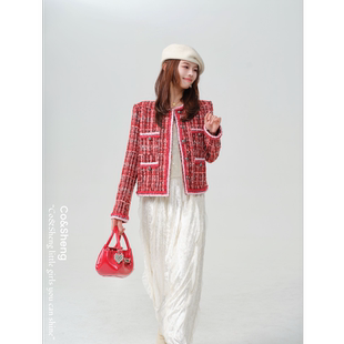 绛纱樱络/co&sheng小个子长袖小香风羊毛外套短款设计中式圆领