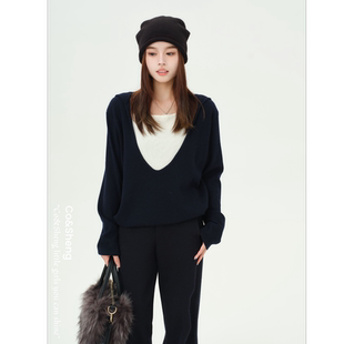 海伦娜/重生 羊毛假两件针织毛衣连帽春季新款上衣长袖Co&Sheng