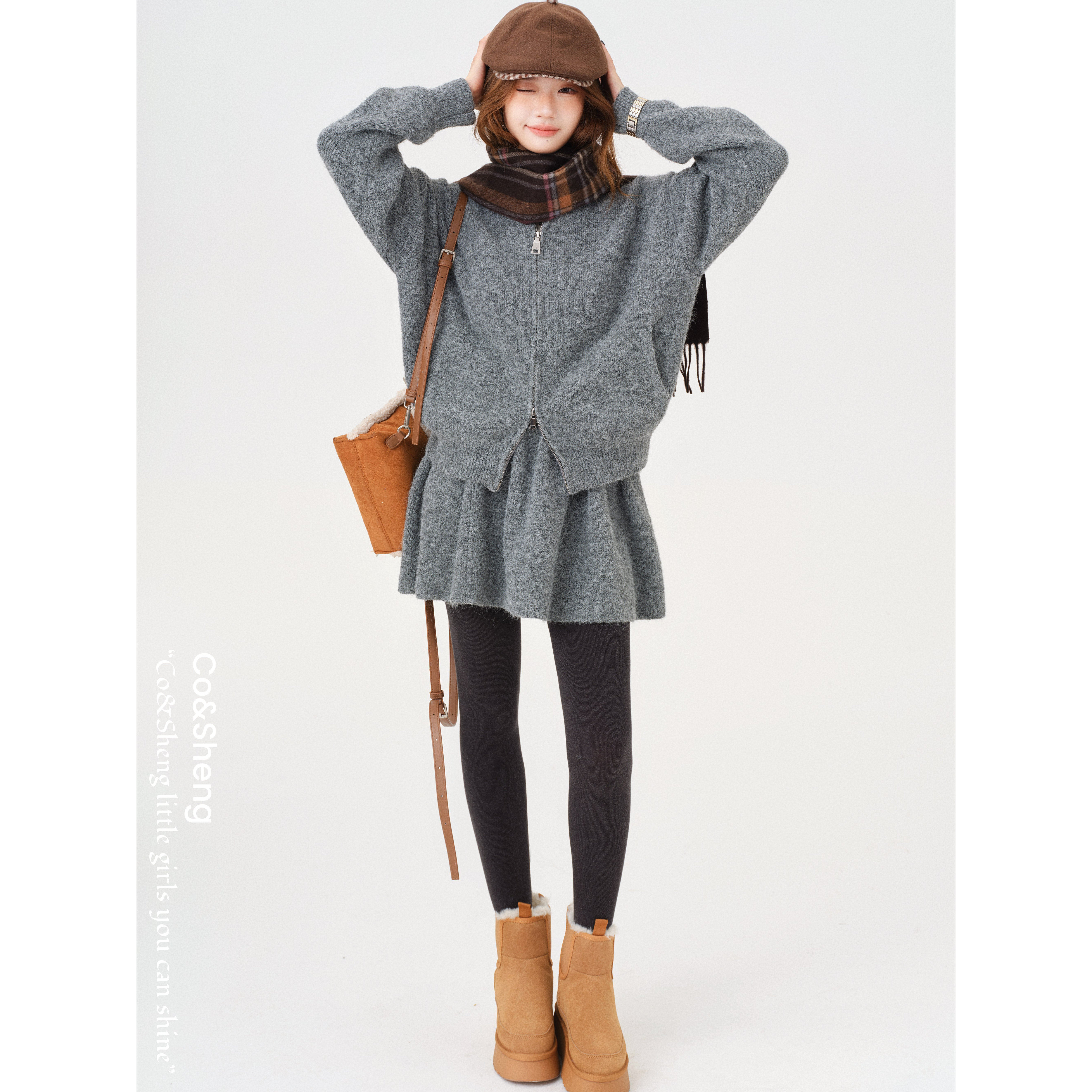 甜心灰梦/co&sheng小个子休闲风时尚套装灰色女款针织秋冬