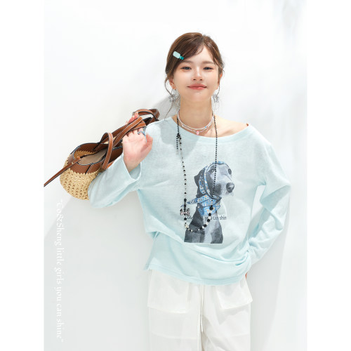 重生小个子萌犬印花斜肩长袖T恤