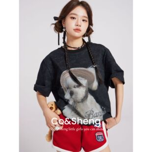 女欧若风日常百搭 小狗图案宽松短袖 爪印呼吸 重生小个子春夏新款