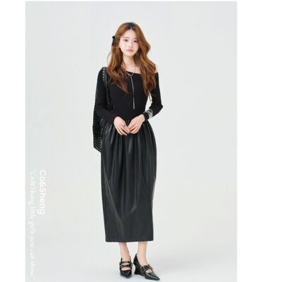 静谧重构/co&sheng小个子显瘦拼接斜领格雷系连衣裙收腰裙子针织