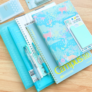 日本KOKUYO国誉文具礼盒女孩薄荷绿文具套装高颜值学生网红实用学习奖品笔袋装订本生日礼物新年大礼包