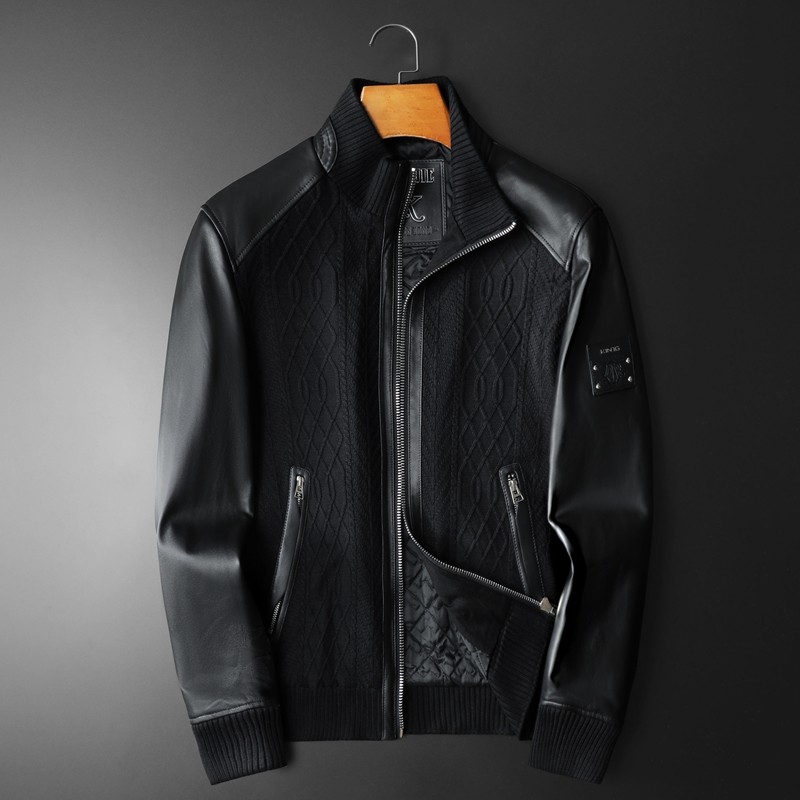 男士绵羊皮拼接夹克外套M-3XL25891P490，男装夹克，钱塘6021