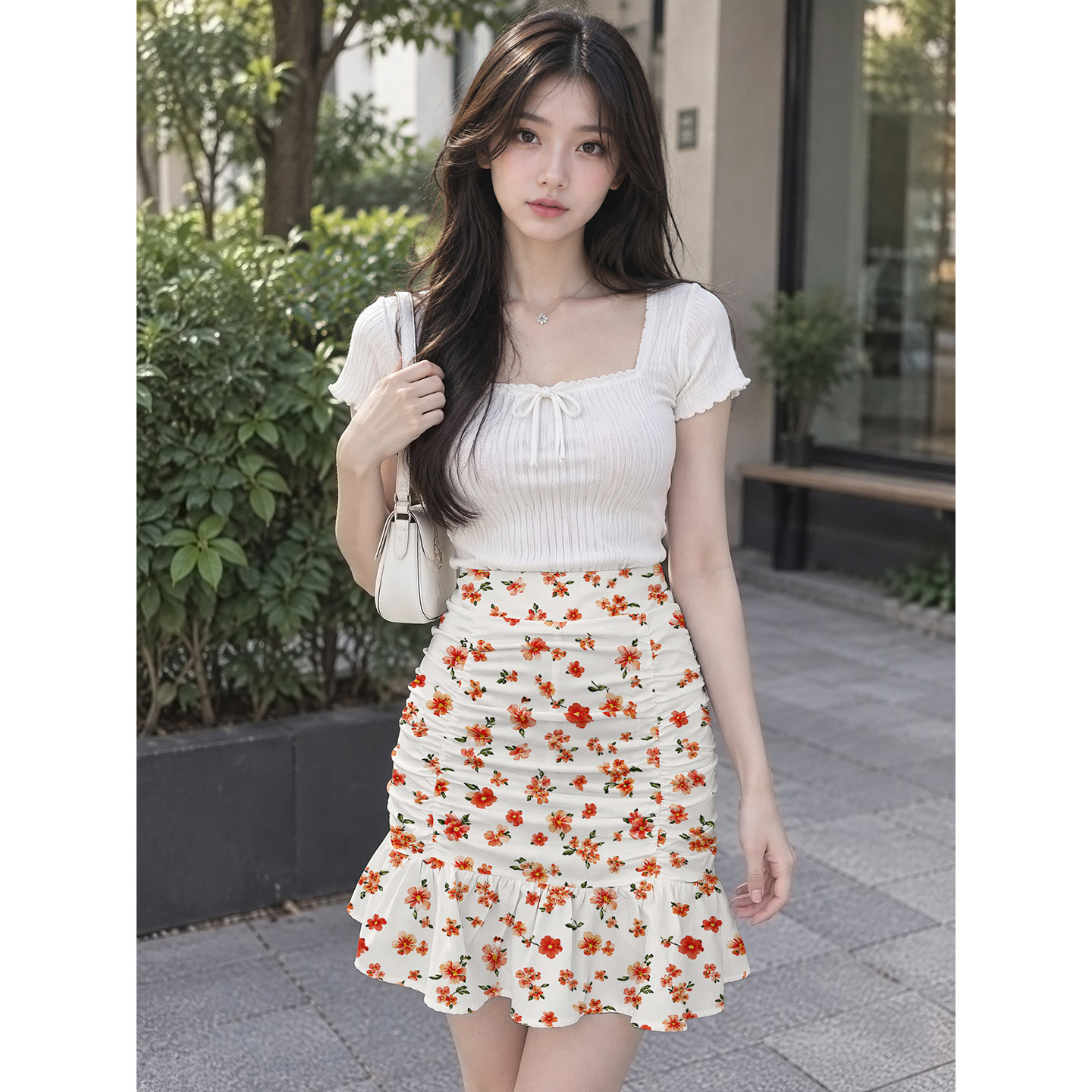 夏季韩系甜妹碎花高腰显瘦短裙