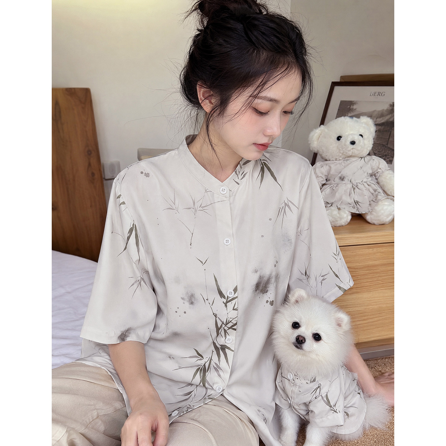 韩系人宠同款冰丝睡衣女夏装短袖上衣薄款可外穿遛狗亲子家居服