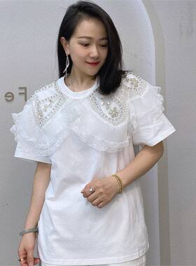 夏季新款欧美方领短袖上衣宽松2023重工钉珠t恤大码女装