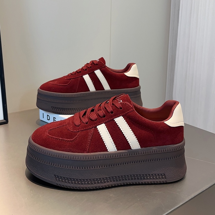 厚底磨砂牛皮板鞋女鞋2025新款春季运动休闲鞋松糕底复古德训鞋女