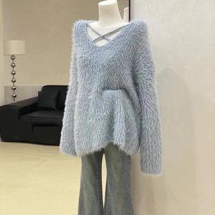 软糯仿水貂毛v领毛衣交叉秋冬慵懒感宽松显瘦外穿奶呼呼针织上衣