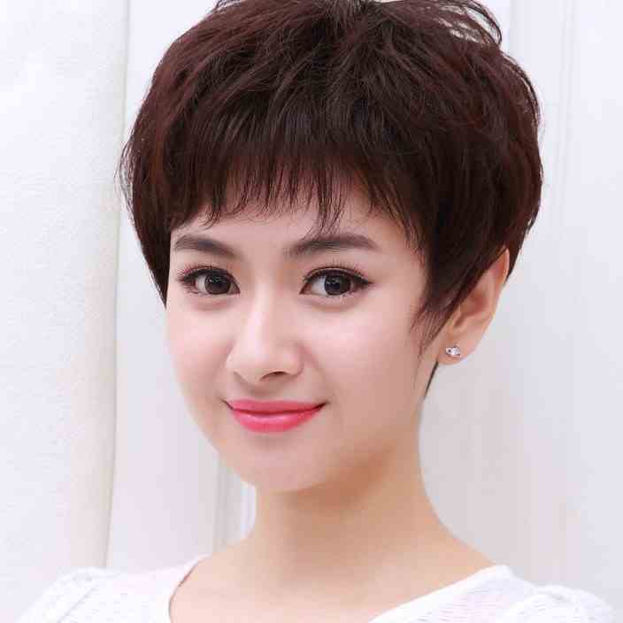 假发女短发短卷发女士圆脸发型真发妈妈假发轻薄款假发套