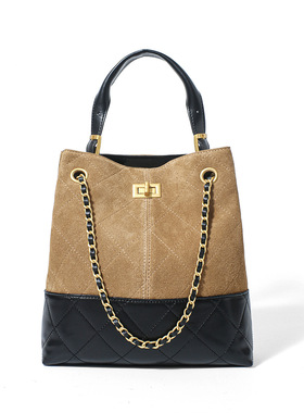 TINGJIG设计师款2025新款小香风拼色真皮通勤单肩水桶包斜挎女包