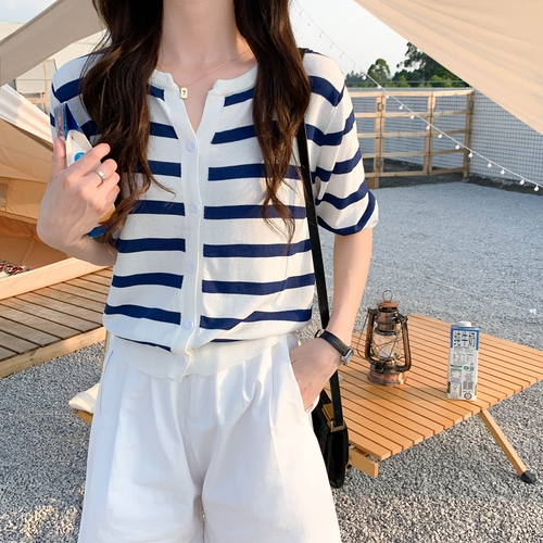 Real price spring and summer Korean version of versatile stripe minority knitted short sleeved cardigan top