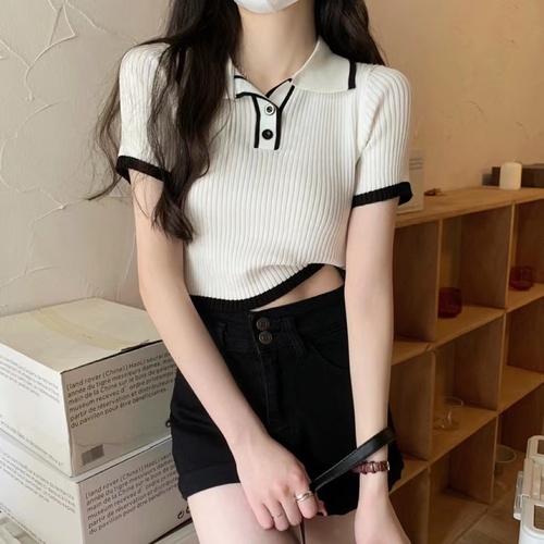 Real shooting and real price Korean version slim fitting contrast color polo collar design sense knitted short sleeve women's top