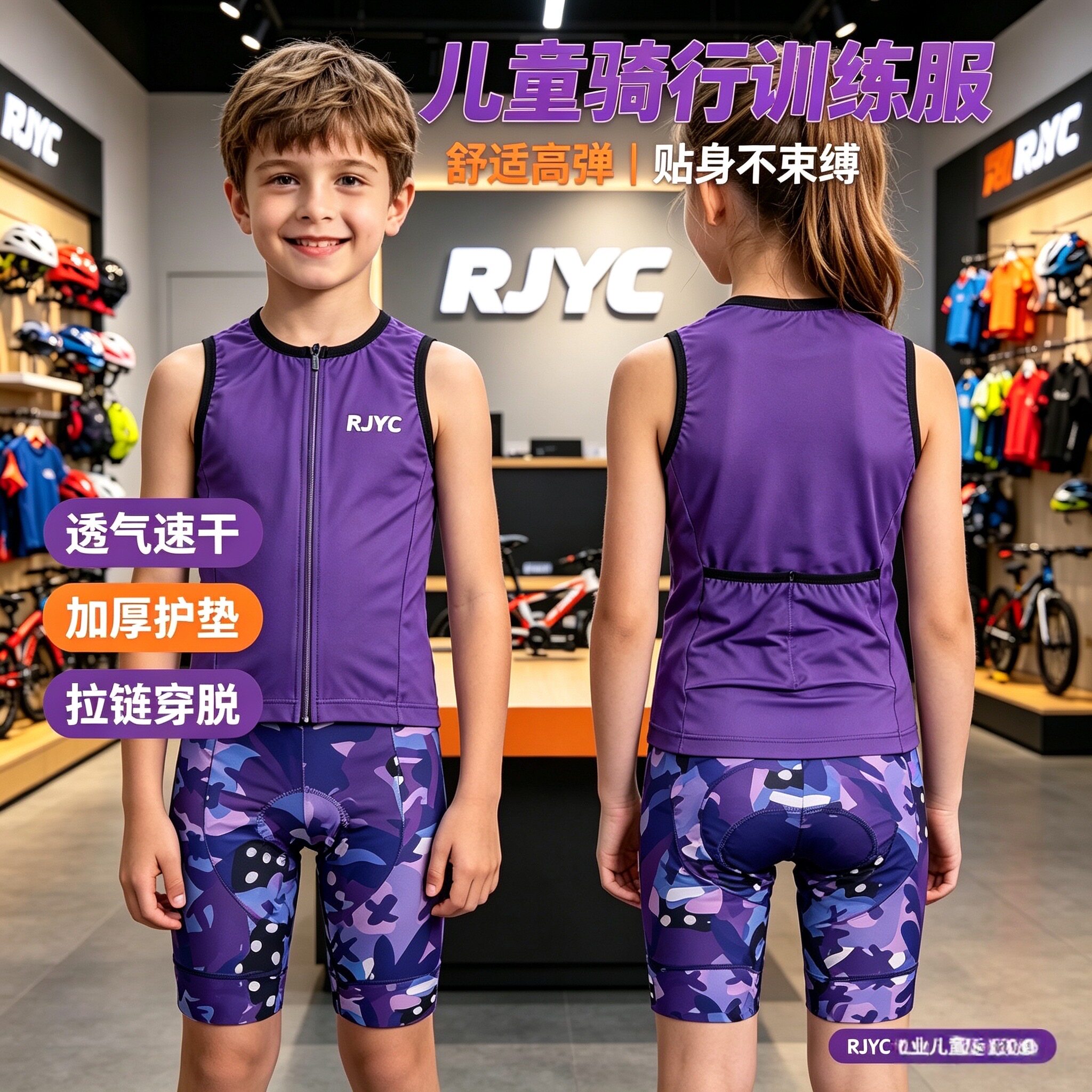 RJYC夏季儿童无袖连体骑行服铁人三项男女童平衡车自行车速干透气