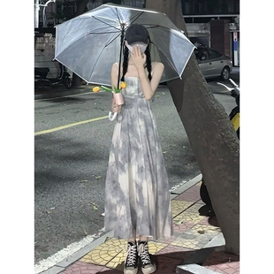 高级感显瘦茶歇法式 官方水墨抹胸吊带连衣裙子夏季 海边度假沙滩长