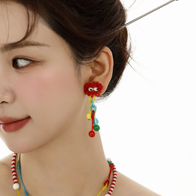 蒜了耳饰红色可爱趣味串珠耳钉彩色原创设计不撞款夸张耳夹耳环女