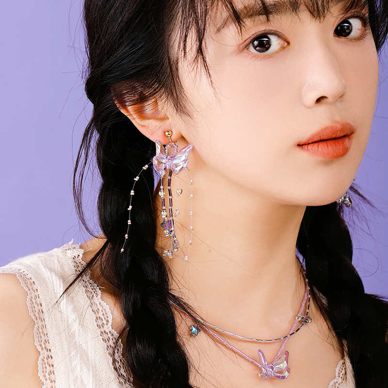 蒜了耳饰原创蝴蝶手工耳环春夏仙气紫色炫彩耳钉少女心无耳洞耳夹
