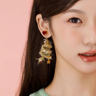 蒜了耳饰夸张独特星星耳环适合冬天的金色耳钉圣诞树氛围耳夹可爱