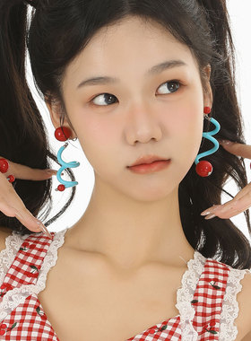 蒜了耳饰趣味设计感电话线红蓝耳夹少女耳环不对称关晓彤同款耳钉