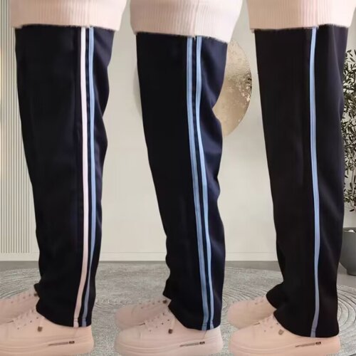 浅蓝条藏蓝色两道杠校服裤子宽松直筒男女校裤中小学生宽条运动裤