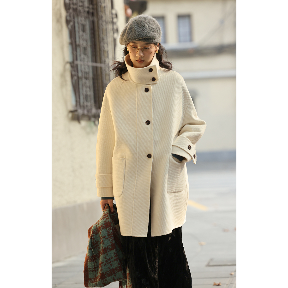 solighter中长款羊毛双面呢大衣