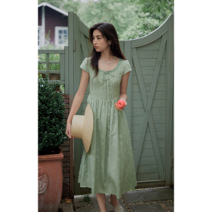 2025新款 solighter 连衣裙夏季 亚麻剪花圆领短袖 复古收腰长裙 法式