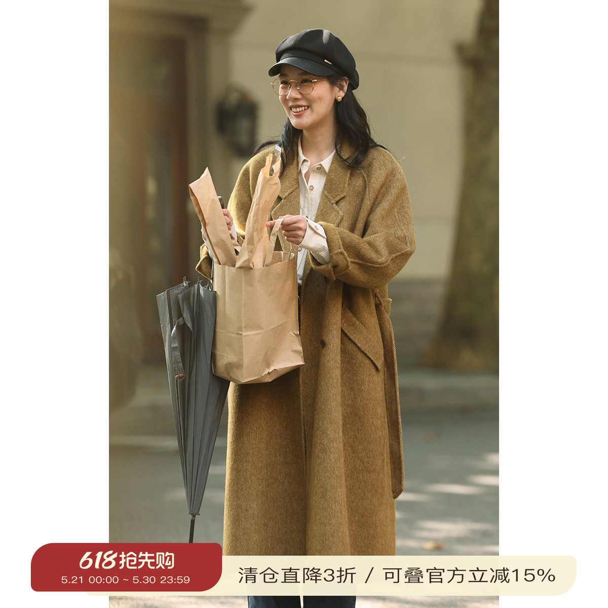 solighter 纯手工羊毛双面呢大衣女秋冬新款双排扣长款毛呢外套