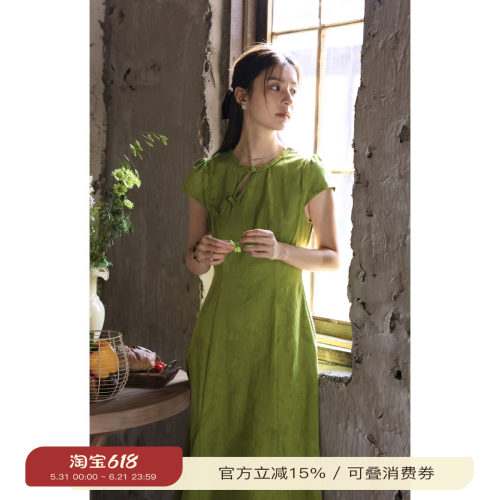 solighter新中式绿色提花连衣裙