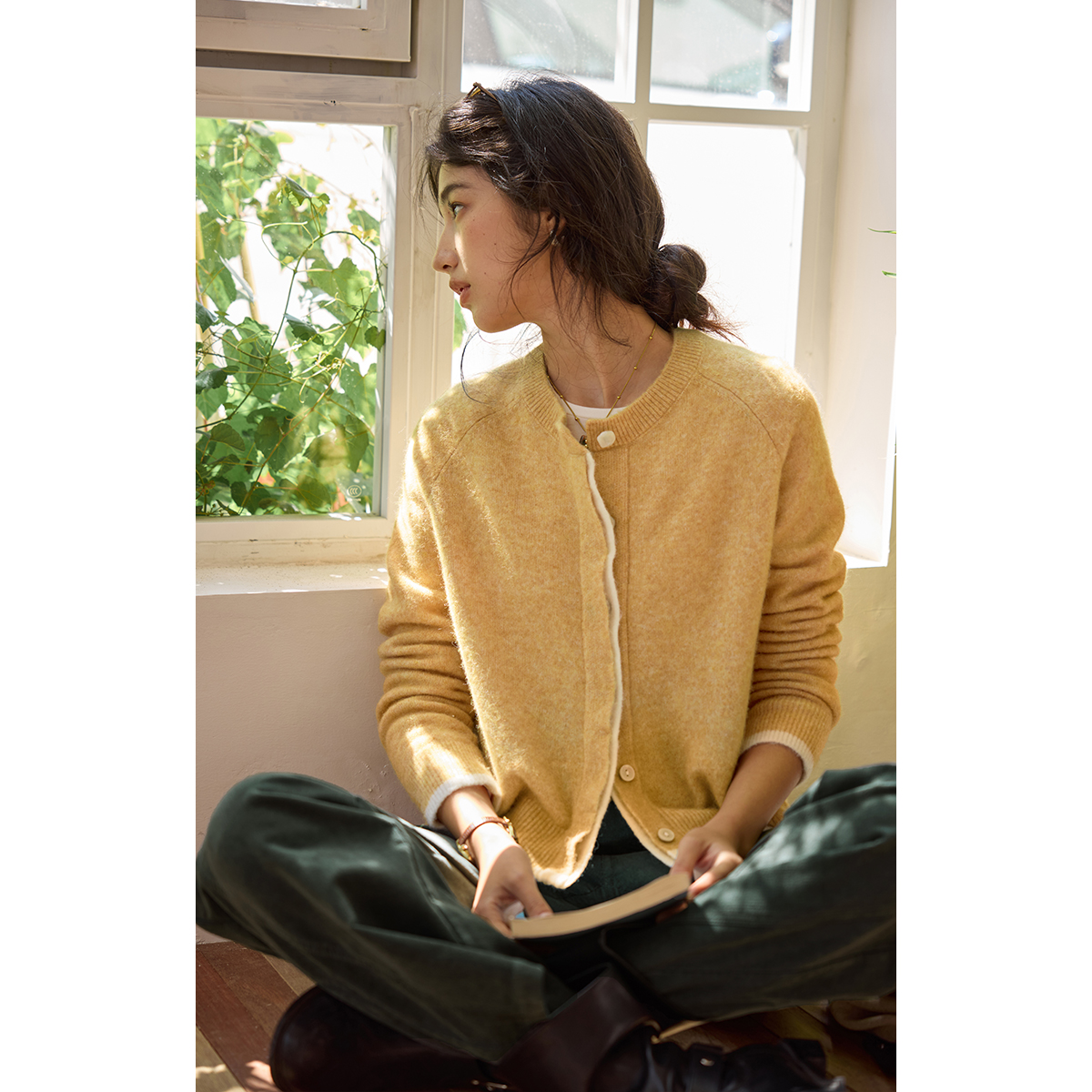 solighter羊驼毛假两件针织开衫