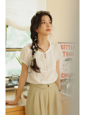 solighter 法式复古天丝圆领短袖衬衫女夏季2025新款泡泡袖衬衣