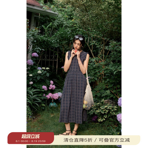 solighter法式格子v领无袖连衣裙