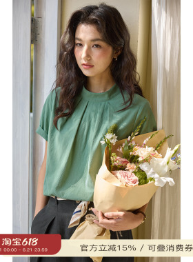 solighter 法式莱赛尔绿色立领衬衫女夏季2025新款短袖绑带上衣