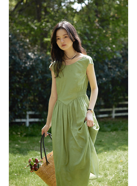 solighter 法式绿色提花连袖连衣裙夏季2025新款短袖气质收腰长裙