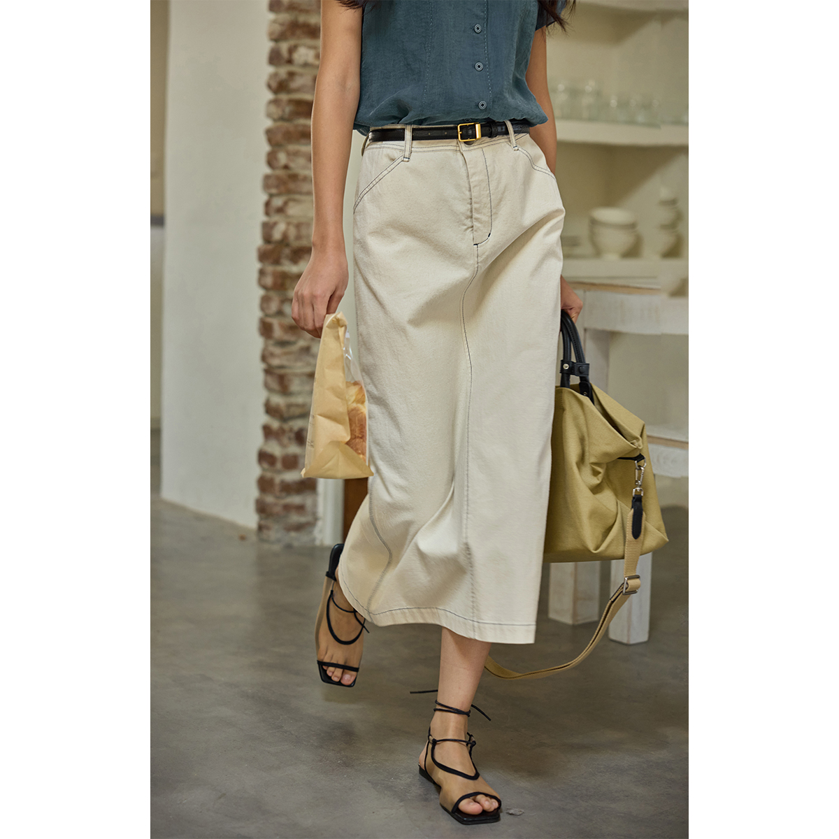 solighter法式高腰直筒半身裙