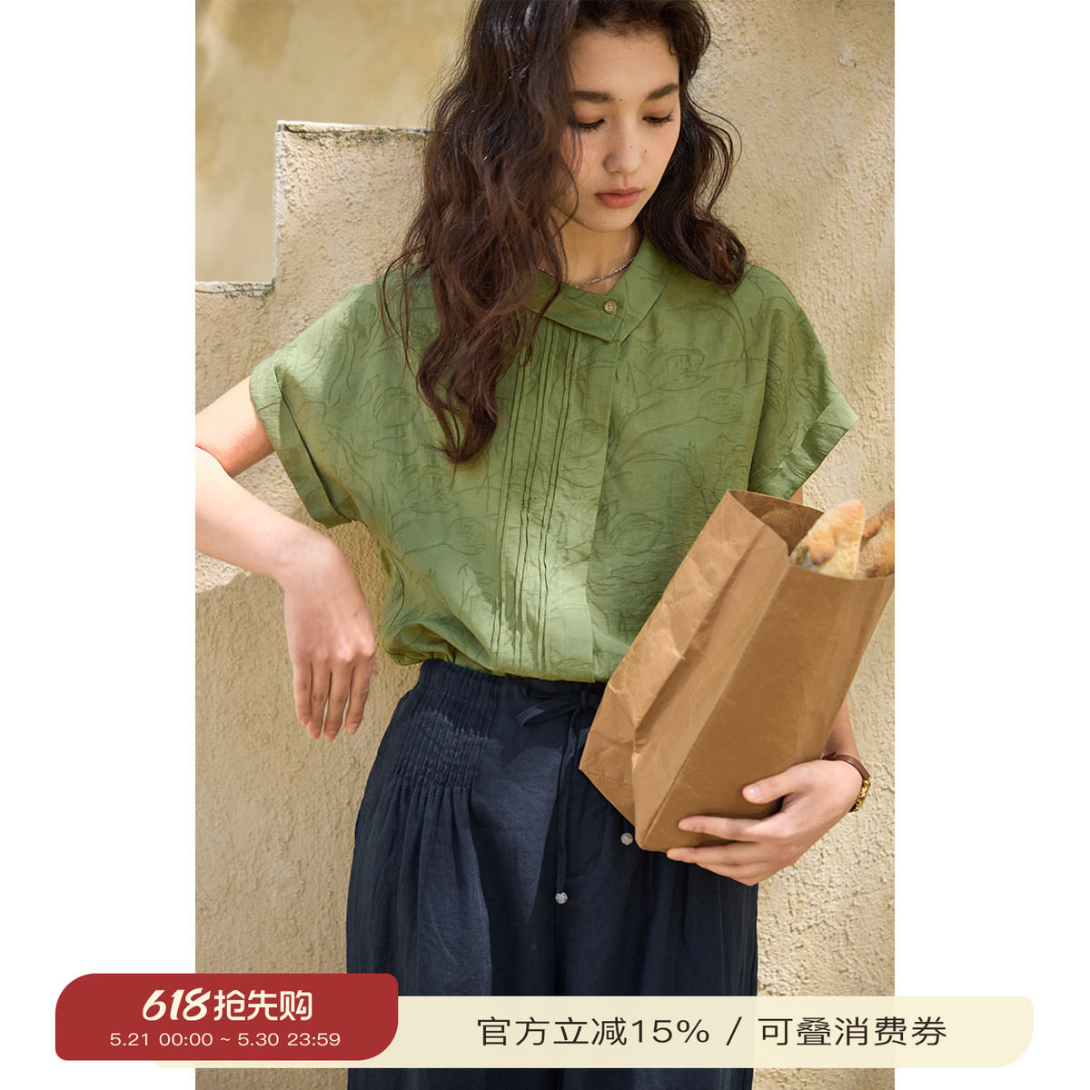solighter 法式亚麻提花不对称翻领衬衫女夏季2026新款短袖上衣