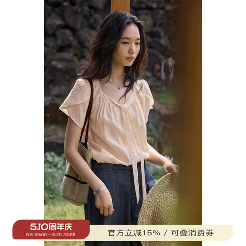 solighter法式飘带花瓣袖衬衫
