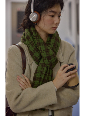 solighter 法式全羊毛绿色千鸟格围巾女2025秋冬新款软糯保暖围脖