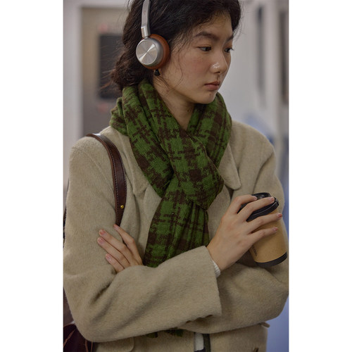 solighter 法式全羊毛绿色千鸟格围巾女2026秋冬新款软糯保暖围脖