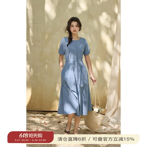 solighter法式圆领短袖衬衫裙