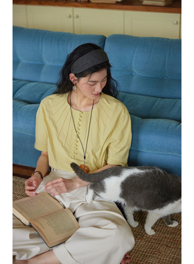 solighter 法式复古黄色圆领中袖衬衫女夏季宽松气质显瘦衬衣上衣