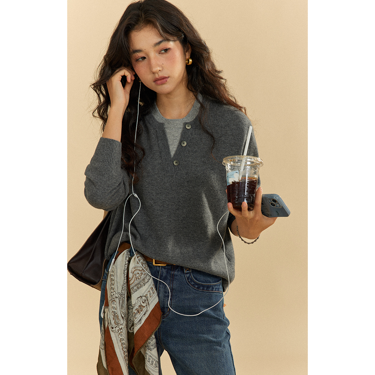 solighter羊毛假两件套头针织衫