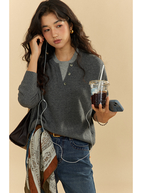 solighter 100%羊毛撞色假两件套头针织衫女秋冬2025新款内搭上衣