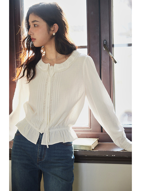 solighter 法式复古白色荷叶边收腰衬衫女春季2025新款长袖衬衣