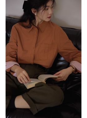 solighter 法式复古蓝色长袖衬衫女秋季2025新款气质宽松衬衣上衣